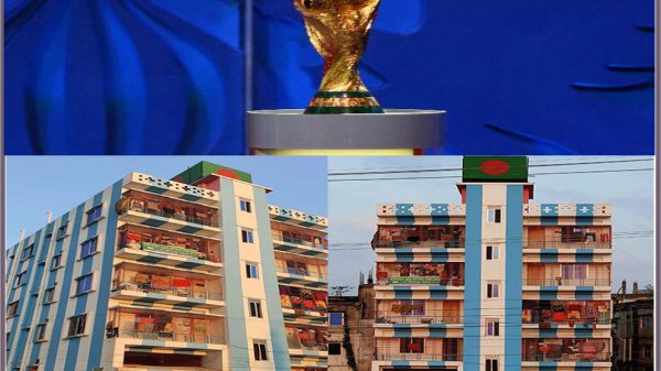 বিশ্বকাপ ফুটবলের উন্মাদনা : বহুতল ভবন আর্জেন্টিনার পতাকার আদলে রং
