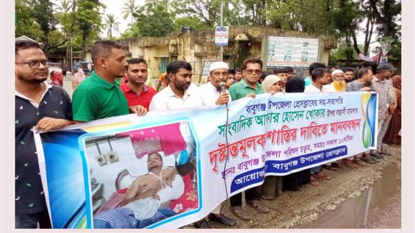 সাংবাদিক আক্তার হোসেন খোকা'র ওপর সন্ত্রাসী হামলার প্রতিবাদে বাবুগঞ্জে মানববন্ধন